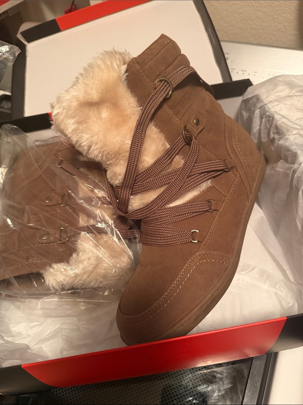 G by Guess Brown Faux Suede Fur-Lined Lace-Up Ankle Boots